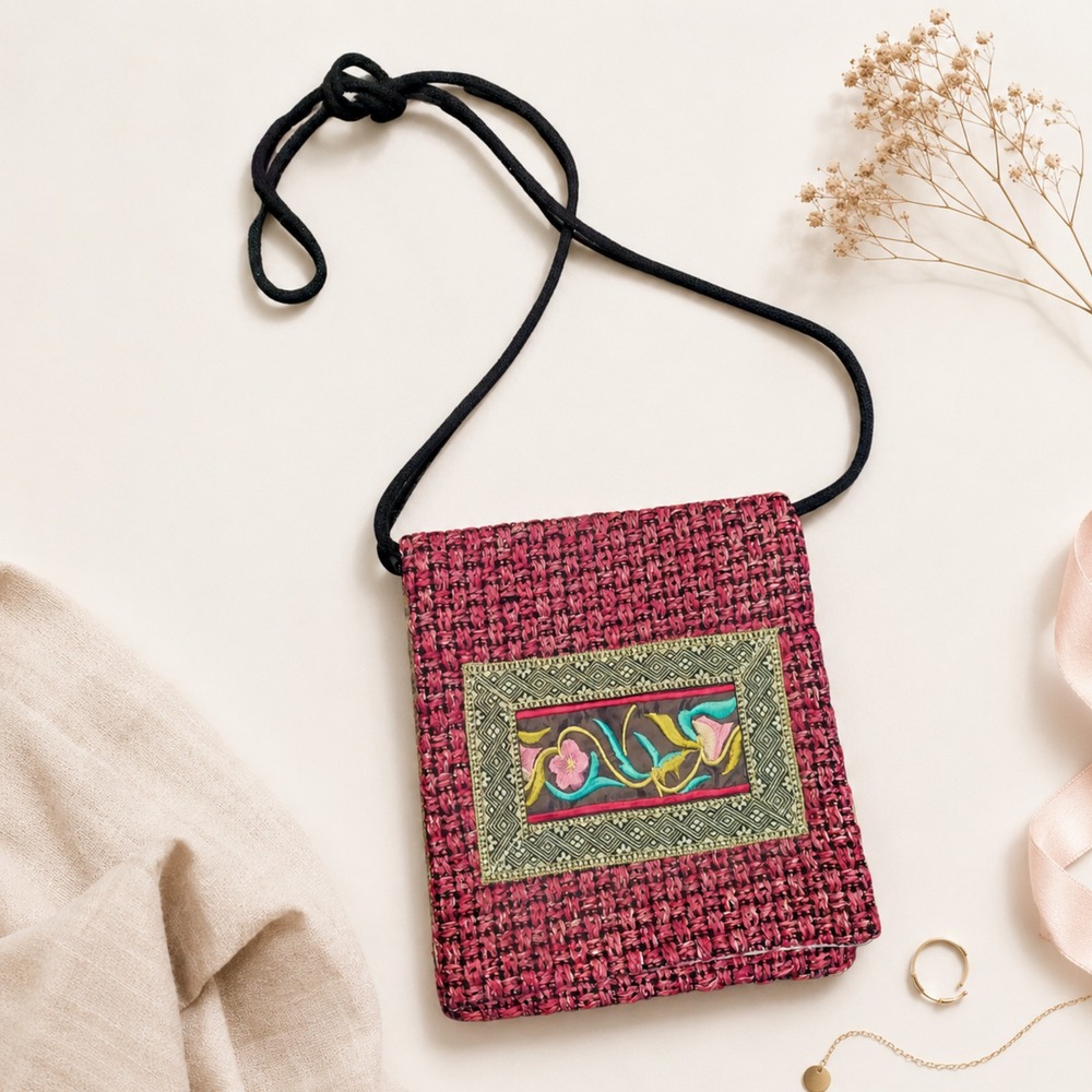 Boho Tribal Woven Magenta Crossbody Bag Floral Embroidered Artisan Phone Pouch